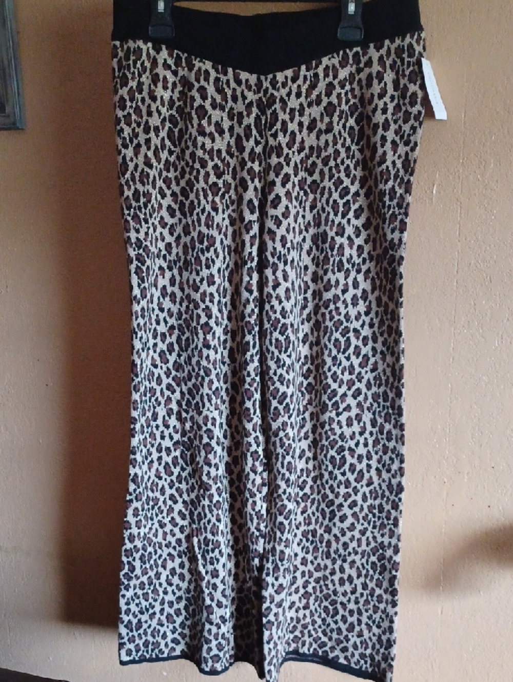 Charter Club Leopard Print Maxi Pants Gold W/ Black Waistband Wide Leg size L.
